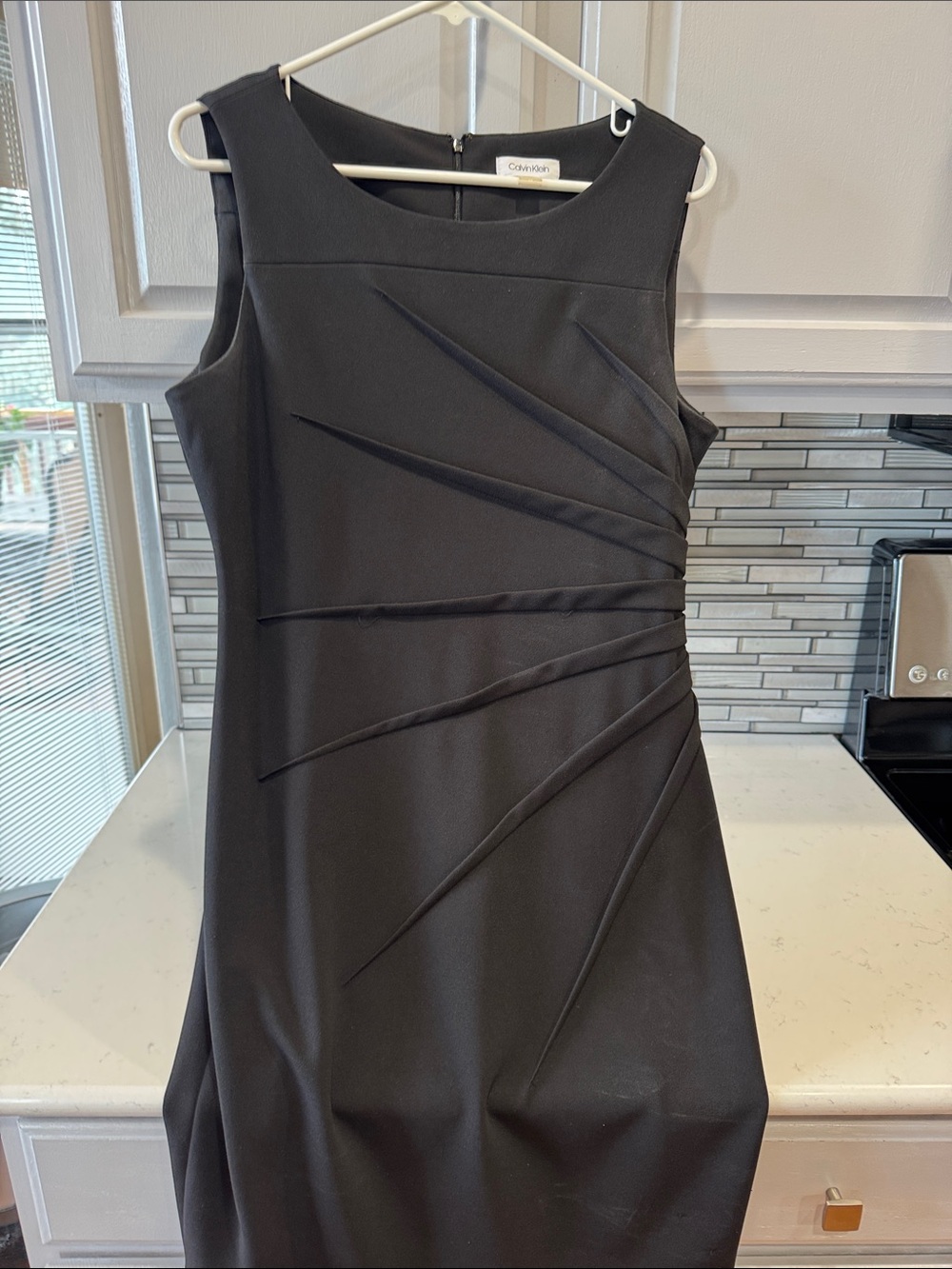 Calvin Klein Black Sleeveless Sheath Dress with Diagonal Pleat Detail
